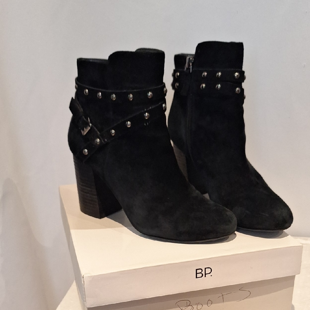 BP Black Suede Ankle Heeled Booties with Studs And Buckle Size 9